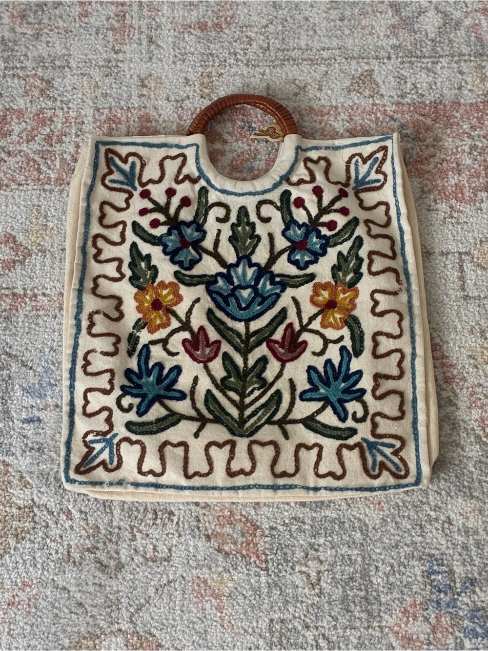 Embroidered Floral Tote Bag in Cream with Multicolor Design